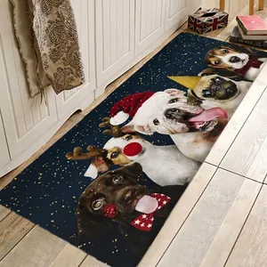Detail of Christmas runner rug featuring five cute dogs in festive hats on deep blue background