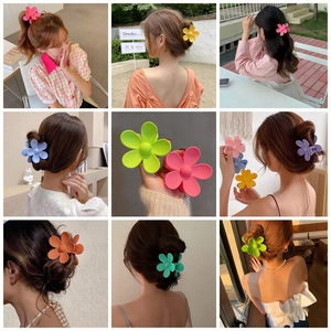 Lot de pinces à cheveux fleur mat en couleurs variées portées pour diverses coiffures