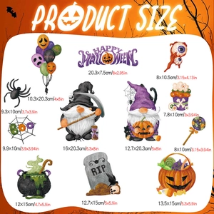 Detailed size guide for Halloween gnome skull magnetic decals and festive decorations