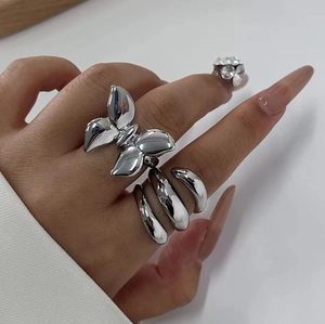 Silver butterfly titanium steel ring set with minimalist rings for women on hand