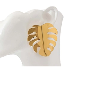 Polished 18K gold plated stainless steel monstera leaf drop earrings for women