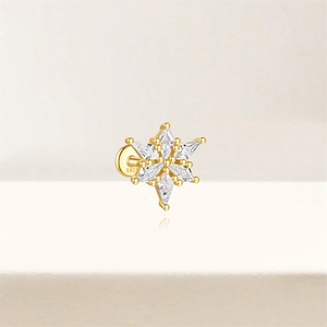 Macro detail of gold S925 silver stud earring with star-shaped zircon and flat screw back