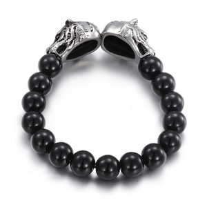 Men's double wolf head beaded bracelet with black glass beads and stainless steel