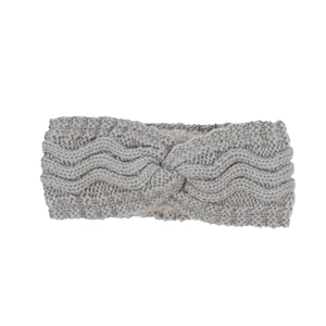 Detailed macro view of gray knitted headband with warm pink fleece lining and twist knot