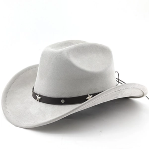 Detail of light gray cowboy hat with leather band and silver star studs on wool felt