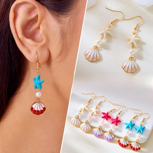 Ocean Theme Starfish Shell Dangle Earrings Women Alloy Enamel Faux Artificial Pearl Beach Jewelry Summer Fashion Accessories