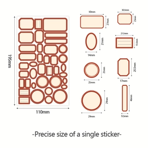Detailed size guide for vintage red-bordered DIY stickers in various shapes and measurements