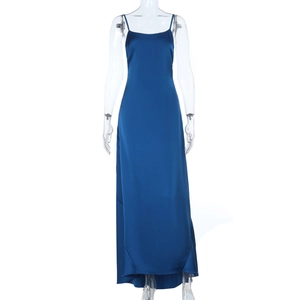 Detail of royal blue satin evening dress showing thin straps and smooth silk texture