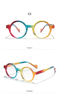 Front and 45-degree angle detail of round rainbow gradient fashion glasses frames