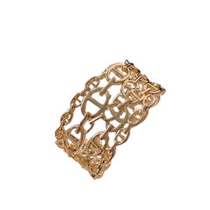 Polished gold hollow wide band ring featuring interlocking anchor chain H-shaped design