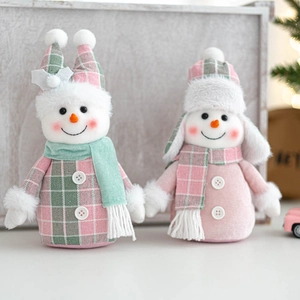 Cute plush Christmas snowman figurines set in pink and plaid green for home holiday decor