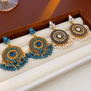 Orecchini Jhumka Boho Vintage Lega Strass Perla Artificial Nappa Etnico Traforato Con Perno In Acciaio