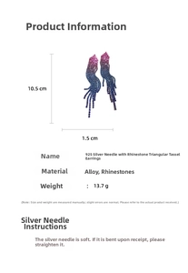 Detail view of rhinestone triangle tassel earrings showing 10.5 cm length and silver needle