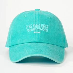 Close-up of mint blue washed cotton canvas baseball cap with white California embroidery