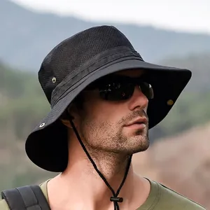 Men's outdoor breathable mesh fishing hat with wide brim and adjustable wind rope