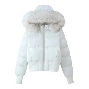 White hooded puffer jacket with faux fur trim collar and metallic zipper for winter warmth