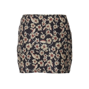 Detailed view of floral print high waist mini skirt with beige flowers on dark base