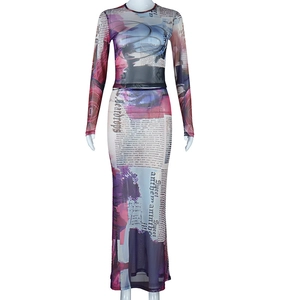 Detail of sheer mesh fabric featuring colorful newspaper print and fine seam stitching