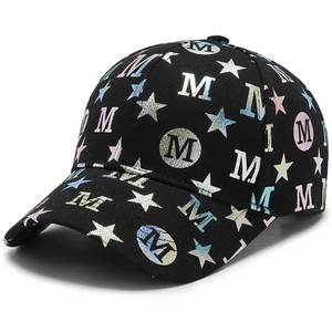 Black cotton baseball cap with holographic M and star patterns in a street fashion style