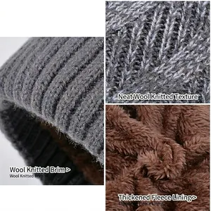 Three-piece winter knit hat set with warm fleece lining and gray wool texture for unisex