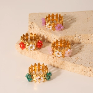 Bagues fleurs rétro françaises en acier inoxydable doré avec perles de couleur