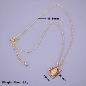 Detail of gold Virgin Mary oval pendant necklace with pink rhinestones and dimensions