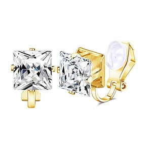 Detail of gold clip-on earrings with square white gemstones and silicone comfort pads