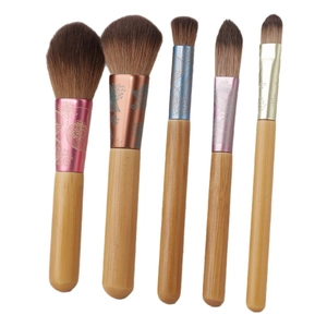 5Pcs mini wood handle makeup brush set with floral patterned ferrules on white background