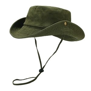 Foldable army green washed cotton bucket hat with adjustable chin strap for sun protection
