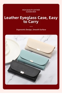 Close-up of leather eyeglass cases in three colors with magnetic metal buckles
