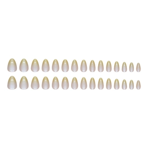Gradient light yellow pearlescent almond press-on nail set with 24 pieces on white background