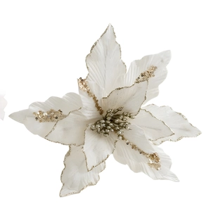 Fiore di stella di Natale in velluto bianco 26cm con glitter dorati per decorazioni natalizie