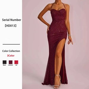 Sequined Halter Neck Evening Dress Backless Lace Up High Slit Slim Fit Elegant Sexy Maxi Dress For Women