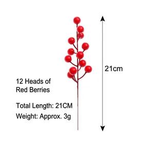Detail view of 12-head red artificial berries stem with 21cm total length and 3g weight
