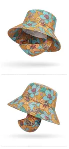 Detail view of floral sun hat with protective face and neck flap from multiple angles