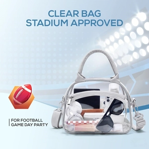 Clear PVC stadium approved bag with grey adjustable strap and dual zipper closure