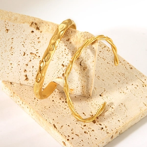 18K gold plated stainless steel open bangles with hammered and twisted rope designs