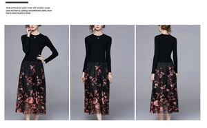 Detail of vintage patchwork dress with floral embroidery on black mesh tulle skirt