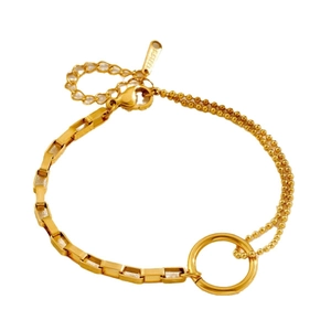 Minimalist titanium steel bracelet with gold double chain featuring ring and bead design