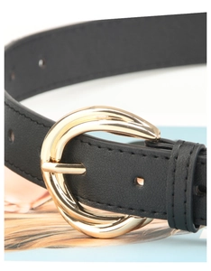 Close-up of stylish black leather belt featuring a polished golden round buckle and stitching