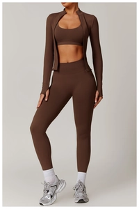 Danteiliges schokoladenbraunes nahtloses Yoga-Set mit Stehkragenjacke und High-Waist-Leggings