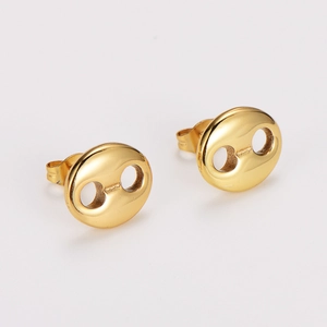 Polished gold stainless steel coffee bean stud earrings with hollow geometric design
