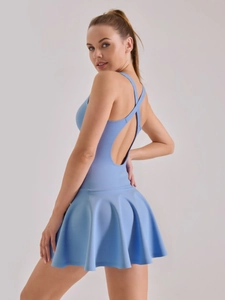 Light blue backless tennis dress with cross straps and pleated hem for fitness