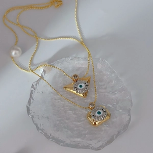 Vintage Gold Plated Copper Evil Eye Pendant Necklace For Women Retro Geometric Triangle Square Rhinestone Inlaid Jewelry