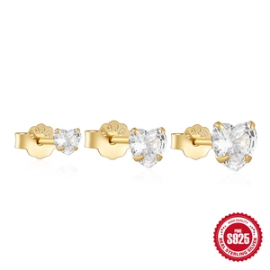 Three pairs of gold S925 sterling silver heart earrings with zircon in various sizes