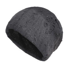 Distressed black knit beanie with silver glitter finish for outdoor cycling and windproof use