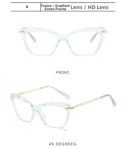 Cat eye glasses frame with green gradient transparency and gold metal temples