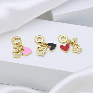Brass Gold Plated Heart Enamel Charm Pendant Zircon Paw Print Bone Shape Fashion Jewelry Accessory