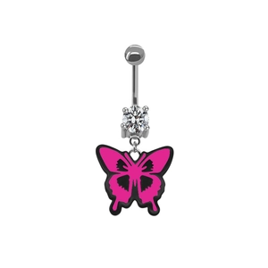 Detail of pink butterfly navel ring with silver barbell and sparkling clear zircon stone
