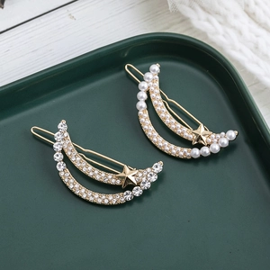 Moon Star Hair Clips For Women Gold Metal Crescent Side Pin With Rhinestone And Faux Artificial Pearl Sweet Hair Accessories